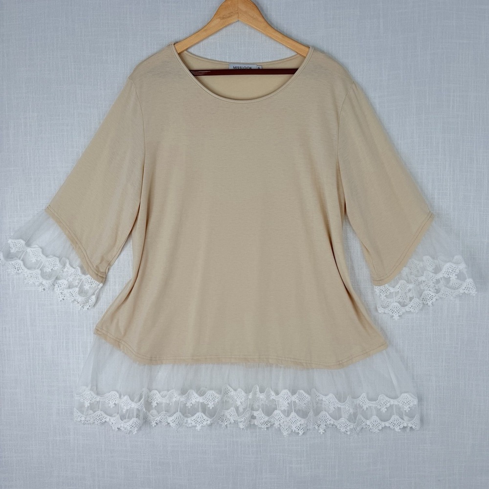 Misslook Tunic Top XL Beige 3/4 Bell Sleeve White Mesh Lace Trim Boho Size XL